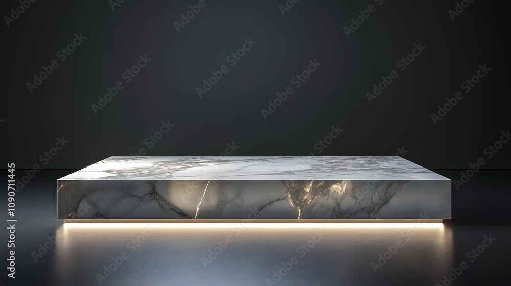 Poster 73. a high-end podium with a marble surface, illuminated from above with subtle light, offering spac