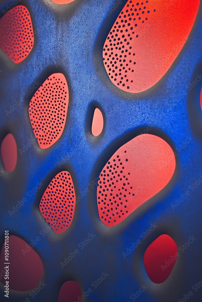 Poster abstract pattern of colorful shapes on a textured surface featuring distinctive red and blue combina