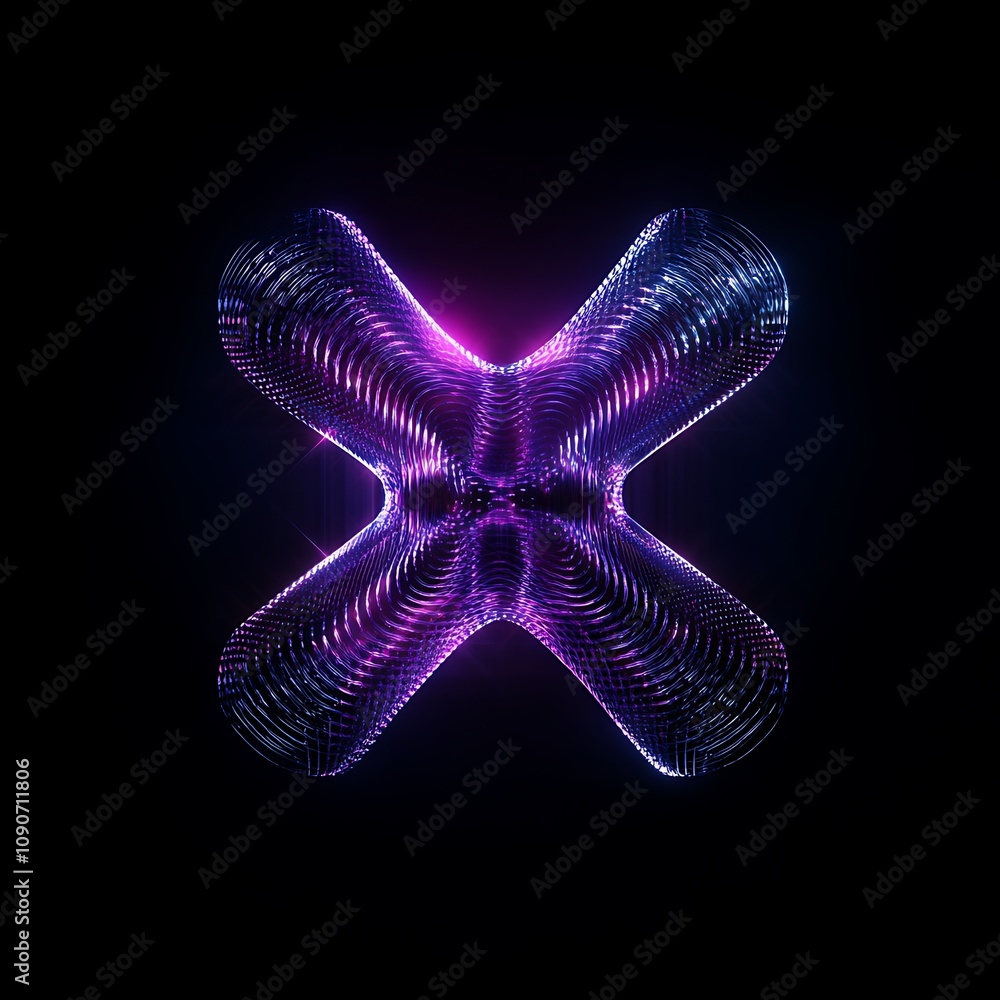 Poster abstract purple and blue glowing shape in the form of an x symbol on a dark background, showcasing v