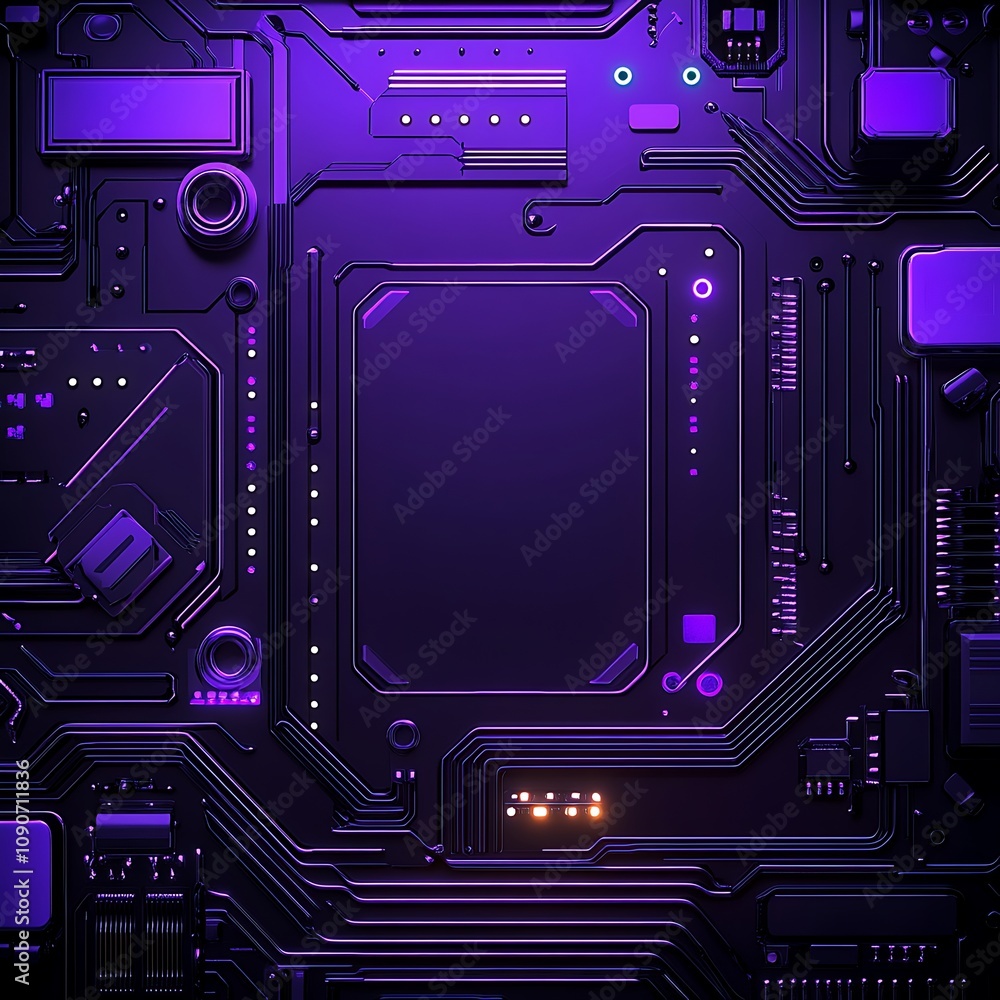 Poster abstract purple circuit board design featuring intricate patterns and geometric shapes ideal for tec