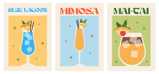Poster drink set. Cocktail arts. Blue lagoon. Mai Tai. Mimosa. Retro posters with alcohol cocktails. 90s 80s 70s groovy posters. Modern trendy print. Drink with fruit and ice.