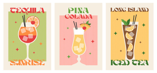 Poster drink set. Cocktail arts. Pina colada. Tequila sunrise. Long Island Iced Tea. Retro posters with alcohol cocktails. 90s 80s 70s groovy posters. Modern trendy print. Drink with fruit and ice.