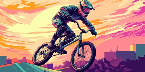 Fototapeta premium 2D cartoon illustration of a BMX cyclist showcasing BMX sport art during a jump