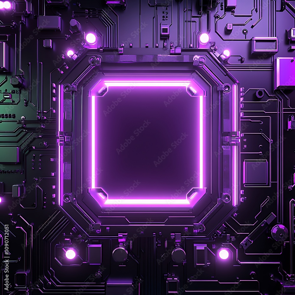 Poster abstract representation of a modern microprocessor with a futuristic design, glowing edges, and intr