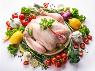 Raw Chicken or Turkey Surrounded by Fresh Vegetables and Herbs for Cooking Preparation on White Background