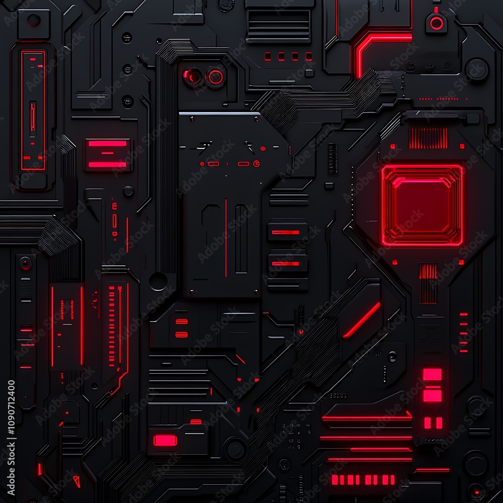 Poster abstract technological background with dark metallic surface and red glowing elements, perfect for f
