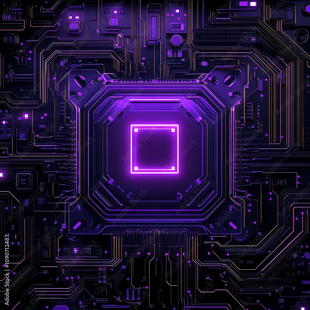Poster abstract technological design featuring a glowing central microchip surrounded by intricate circuit 