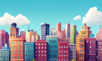 Obraz premium 2D cartoon illustration of urban buildings in a vibrant cityscape