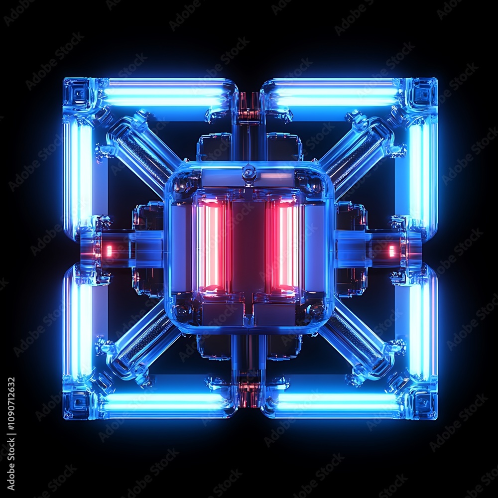 Poster abstract technology structure with neon lights and futuristic design, illuminated in blue and red co