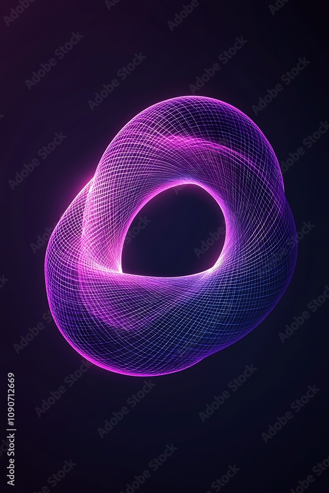Poster abstract three-dimensional shape with vibrant purple and pink light trails on a dark background, cre