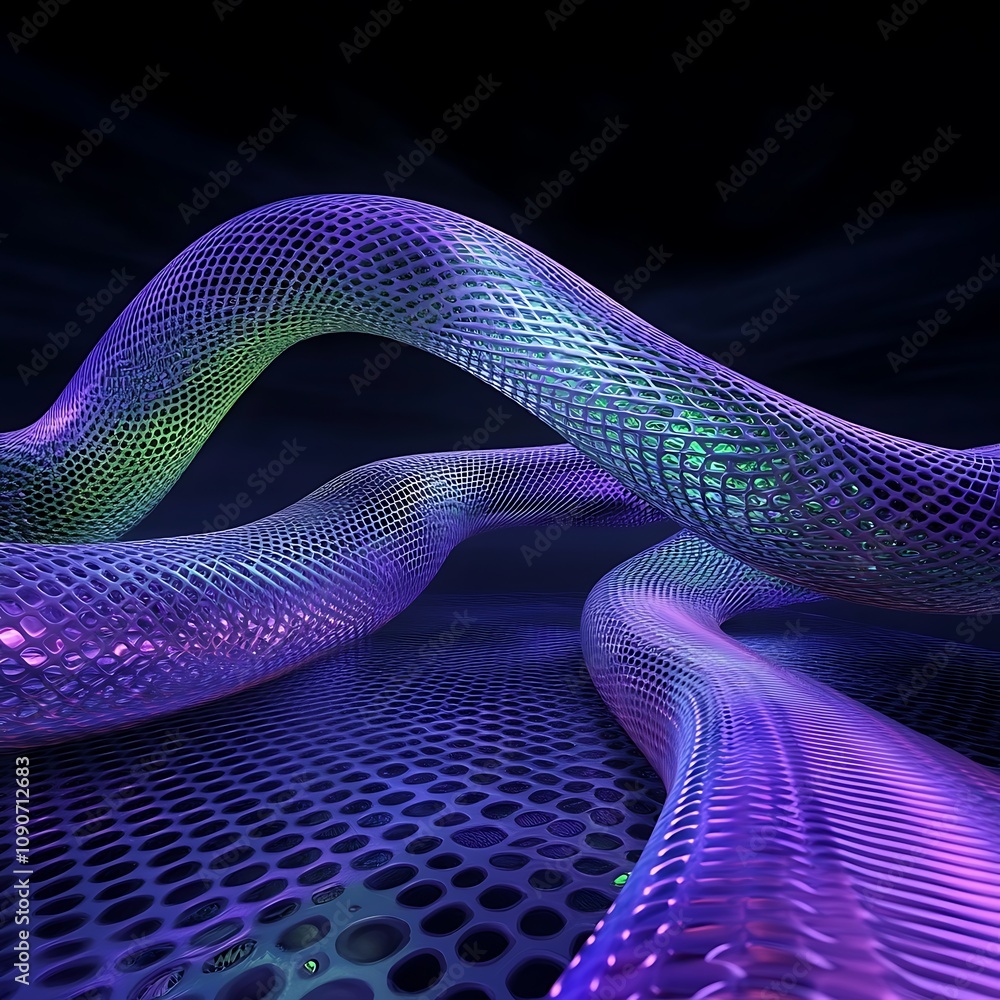 Poster abstract three-dimensional mesh composed of fluid curves in vibrant colors creating an immersive dig