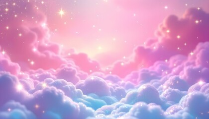 A whimsica pastel rainbow unicorn background shines with sparkling stars against a soft, pink fantasy sky. Fairy iridescent gradient backdrop. unicorn resting on a fluffy cloud with a vibrant rainbow.