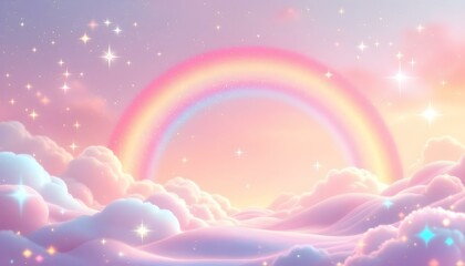 A whimsica pastel rainbow unicorn background shines with sparkling stars against a soft, pink fantasy sky. Fairy iridescent gradient backdrop. unicorn resting on a fluffy cloud with a vibrant rainbow.