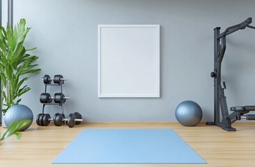 Modern home gym interior with blank frame, dumbbells, exercise ball, and mat. Generative ai