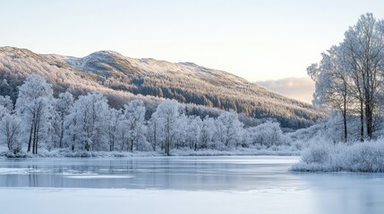 A serene winter landscape featuring frosted trees and a calm lake under soft morning light.