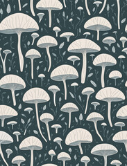 Seamless pattern of mushrooms in a Mid Century minimal style illustration, geometric leaves in the background, in dark green and cold neutral tones. Boho chic. Scandi style.