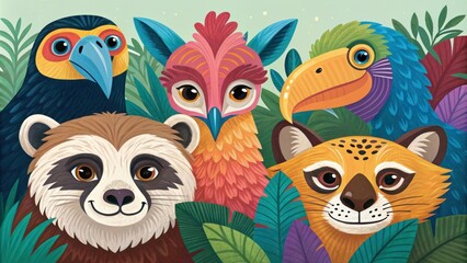 Naklejka premium Together they form a lively tapestry of expression as vivid colors and textured masks reflect the beauty of the animal kingdom.