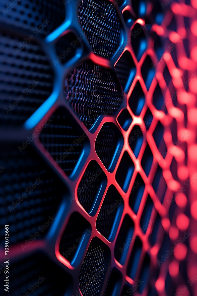 Poster close-up shot of modern hexagonal grille design with intricate patterns and dynamic lighting effects