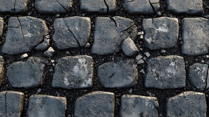 Obraz premium A close-up view of cracked cobblestone pavement, showcasing texture and weathering.