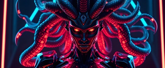 Obraz premium Reimagined Medusa with robotic serpents, neon-colored scales, glowing eyes, and chrome-like armor. Dark neon-lit background creates a fusion of mythology and futuristic technology.