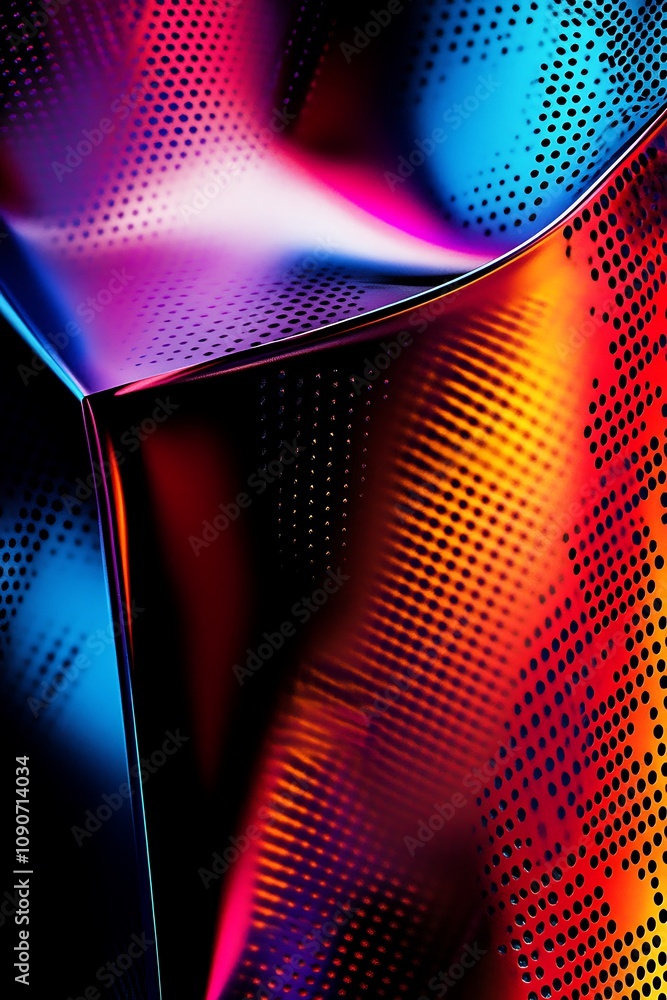 Poster colorful and dynamic abstract background with metallic and glossy surfaces illuminated by vibrant li