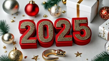 A festive arrangement showcasing "2025" with holiday decorations and a golden snake.