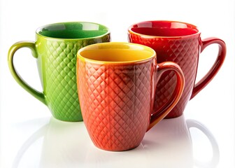 Three Stylish Ceramic Coffee Mugs on White Background - Perfect for Home Decor, Kitchenware, and Gift Ideas