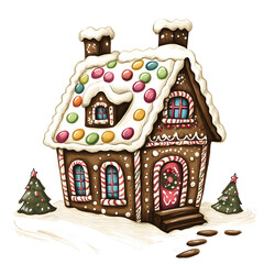 Illustrations of a gingerbread house with Christmas decoration