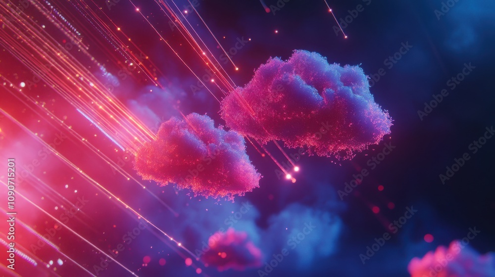 Wall mural digital cloud computing neon lights, data streams, network clouds