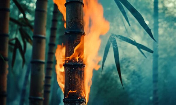 A bamboo stalk engulfed in flames, surrounded by smoke, creating a dramatic visual effect.
