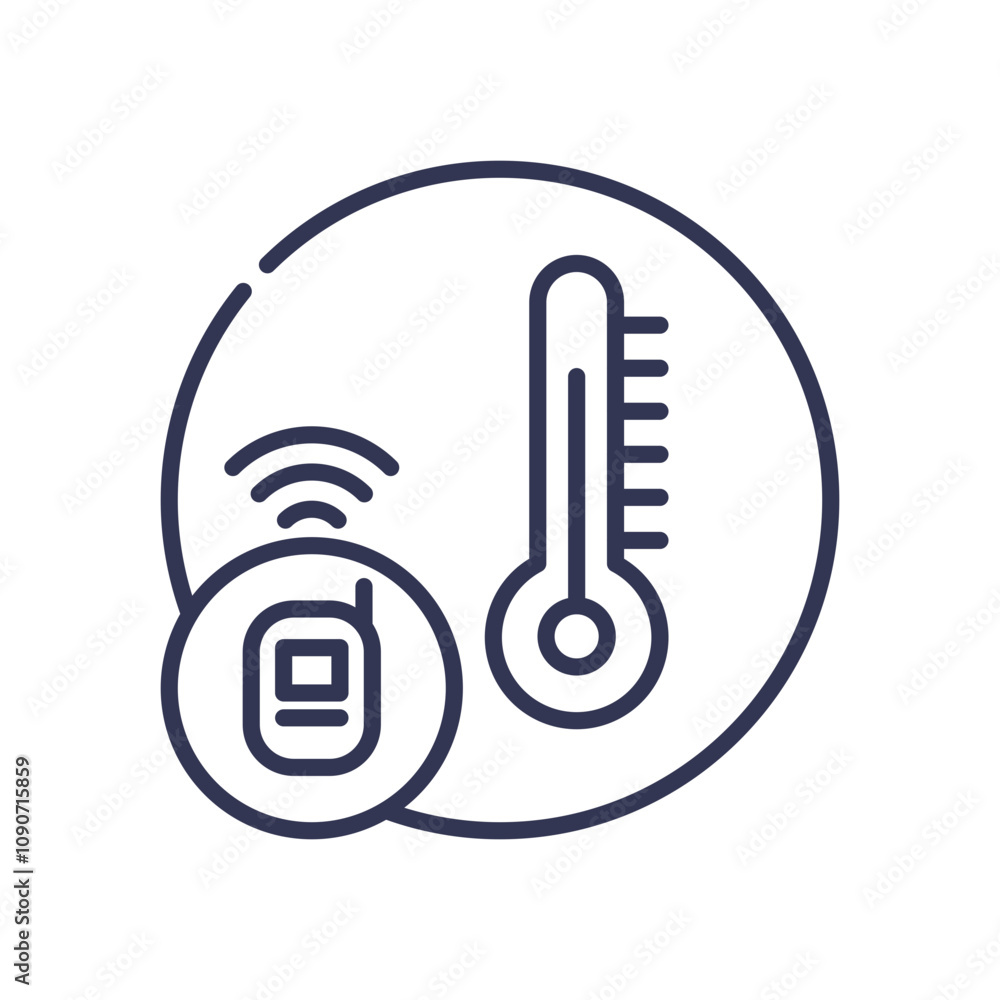 Poster icon of a wireless temperature sensor with thermometer and signal waves.