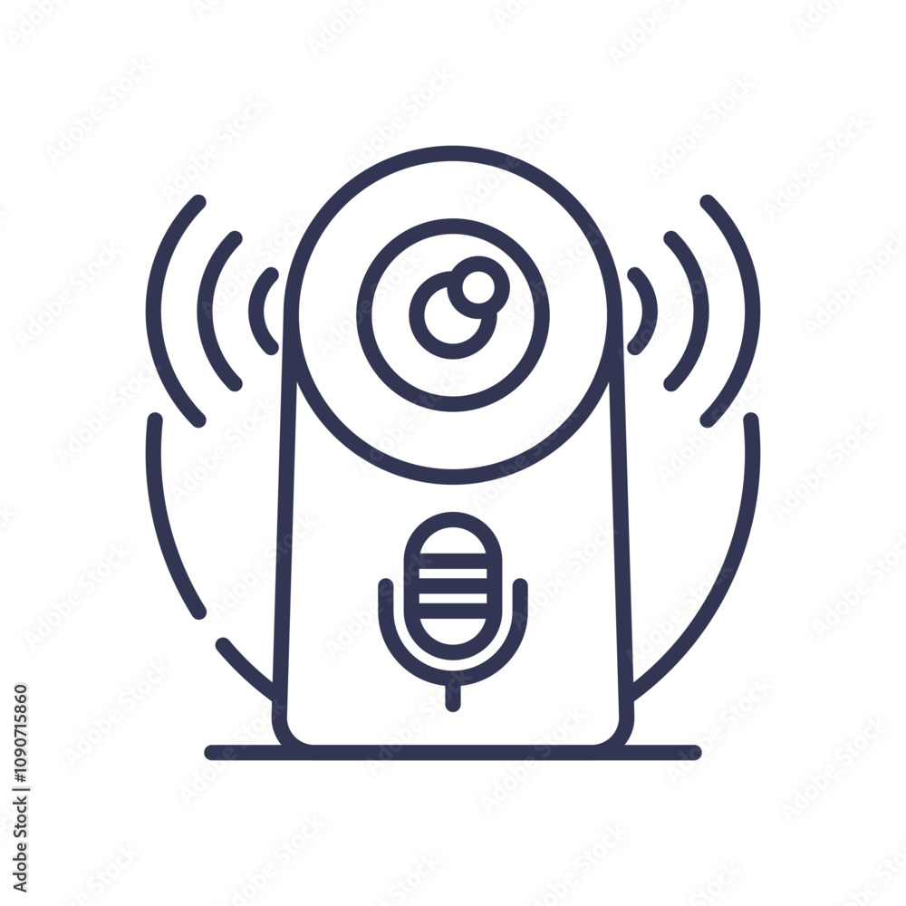 Poster line art of a camera with sound waves, symbolizing two-way audio communication.