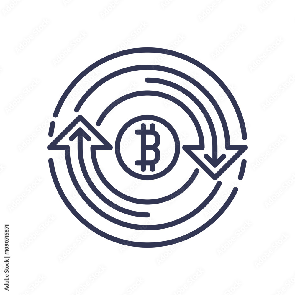 Poster bitcoin symbol with circular arrows, representing cryptocurrency transactions.