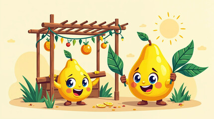 Naklejka premium Cute cartoon pear characters playing near wooden pergola with hanging fruits and string lights, cheerful summer garden illustration with happy yellow pears in whimsical style