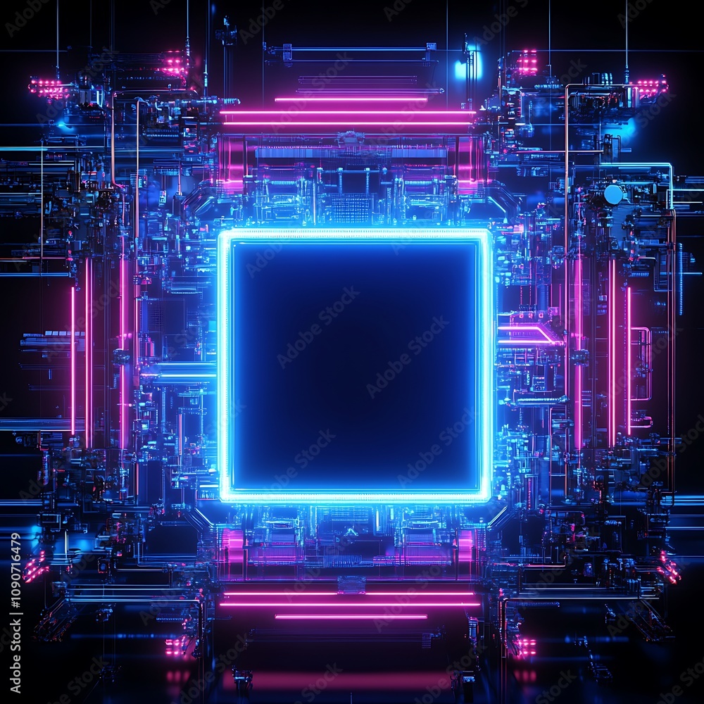 Poster futuristic abstract circuit board with neon lights and central processing unit design illustrating t