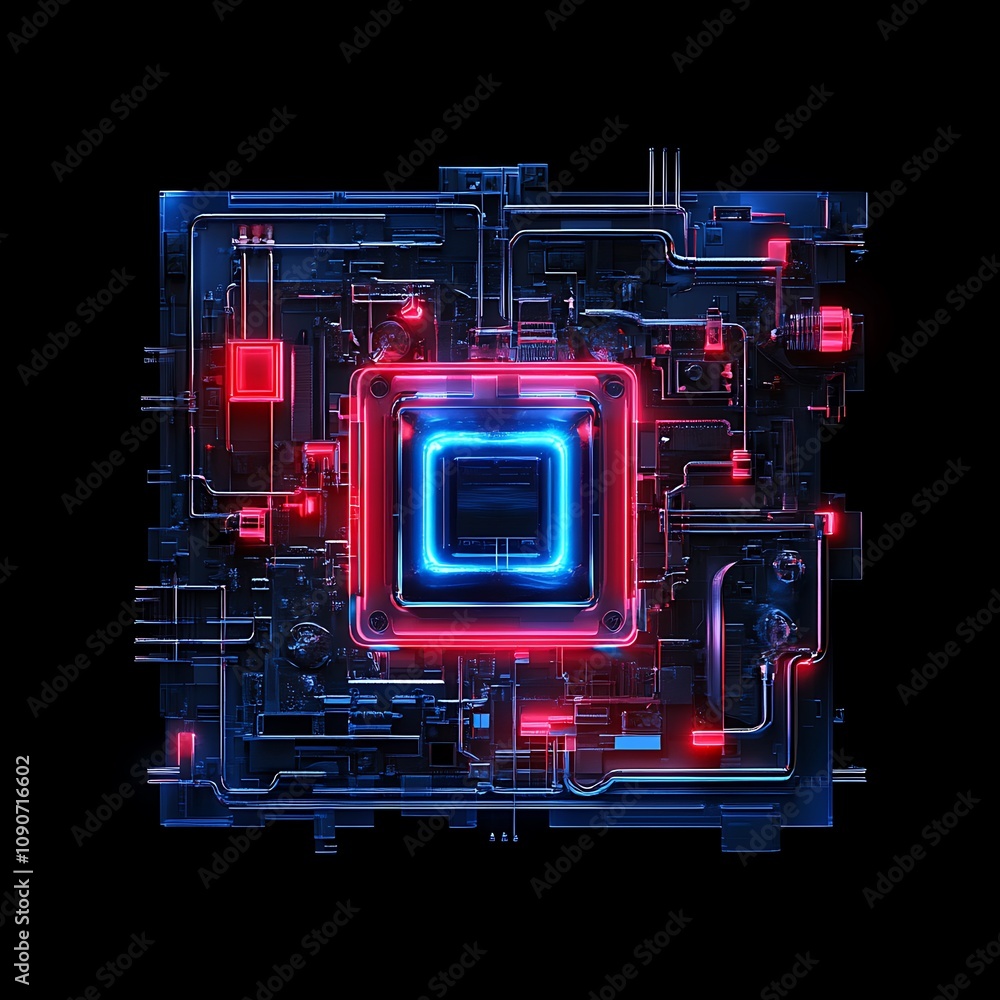 Poster futuristic abstract circuit design with neon lights and digital elements for technology, innovation,