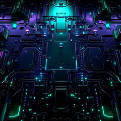 Fototapeta premium Futuristic Abstract Close-Up of Circuit Board Design with Neon Lights, Digital Technology Background with Colorful Glowing Elements and High-Tech Aesthetics