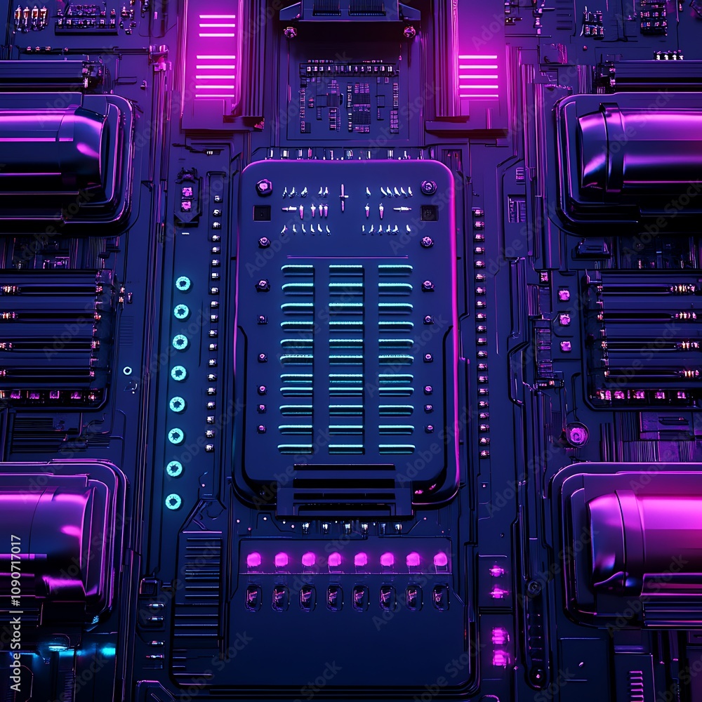 Poster futuristic abstract cybernetic circuit board with neon lights and high-tech components in a vibrant 