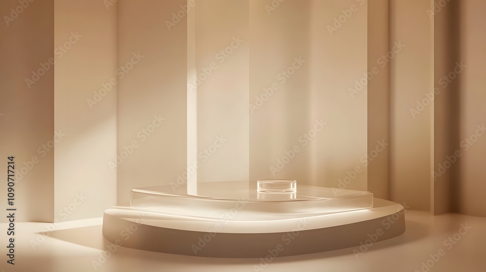 Poster 55. a clear podium with soft diffused lighting and a minimalist background, designed to highlight a 