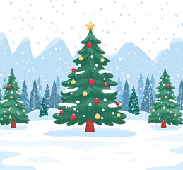 Snowy winter landscape with decorated Christmas trees, mountains, and snowfall. generative ai