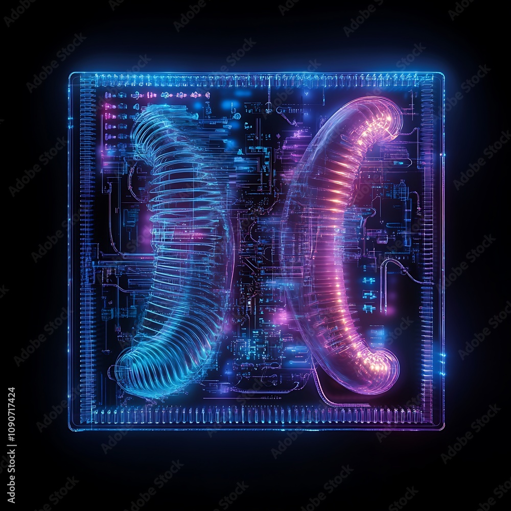 Poster futuristic abstract design featuring neon curved shapes with high-tech circuitry elements inside a g