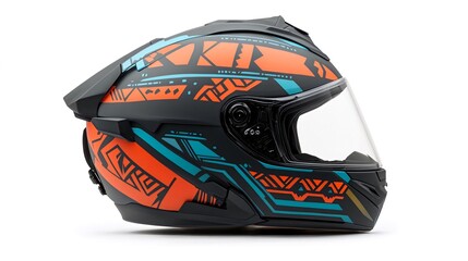 Stylish black motorcycle helmet with orange and teal geometric design, shown in profile view on white background. Generative ai