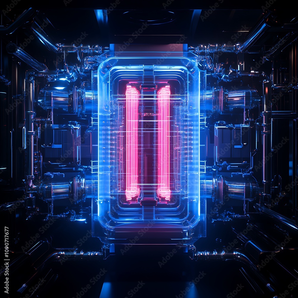 Poster futuristic abstract design featuring neon lights and transparent structures in a dark environment, c