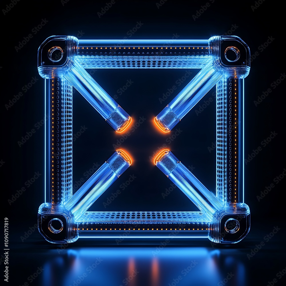 Aufkleber futuristic abstract design with glowing blue neon frame and geometric patterns on a dark background 