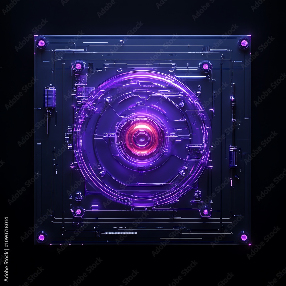 Poster futuristic abstract design with neon glow and high-tech circuit patterns in a circular shape on a da