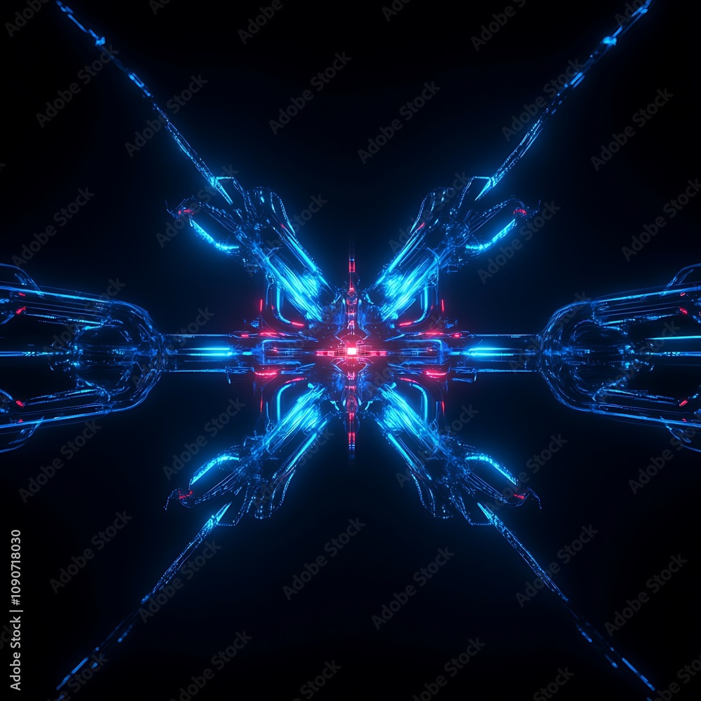 Poster futuristic abstract design with neon lights and symmetrical patterns on a dark background, evoking t