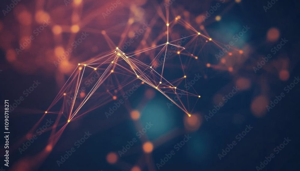 Poster 2D cartoon illustration depicting an abstract plexus structure creating a geometric pattern against a dark backdrop representing a network connection of dots and lines
