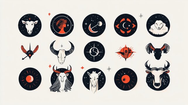 Fototapeta Zodiac signs illustrated in a Scandinavian style with a hand drawn 2D cartoon aesthetic