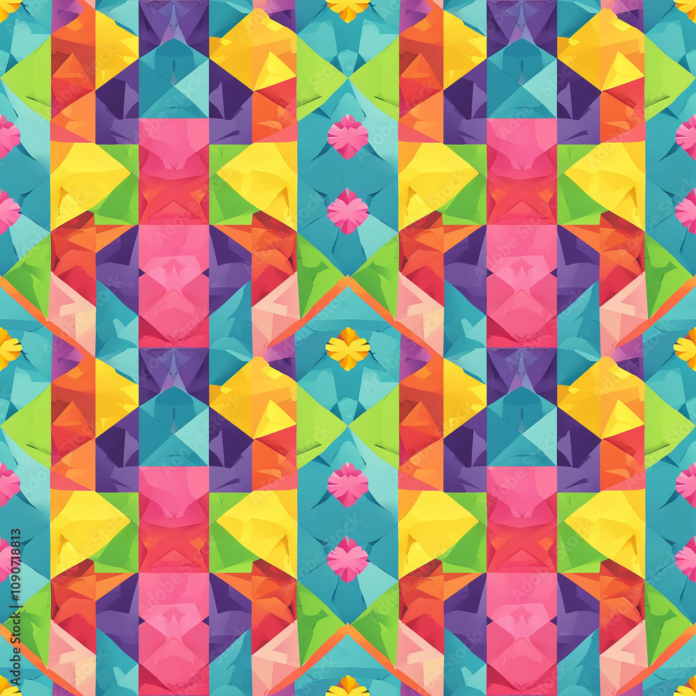Poster vibrant geometric pattern with colorful shapes creating a lively space illusion