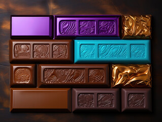 Luxurious Dark chocolate bars with cocoa beans on wooden table